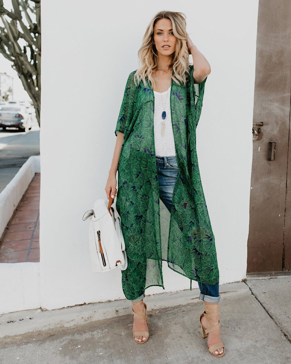 Vrouwen Chiffon Mode Lange Mouwen Beach Vest Jurk Dames Losse Cover Up Blad Patroon Tie Wrap Beachwear Lange Jurk