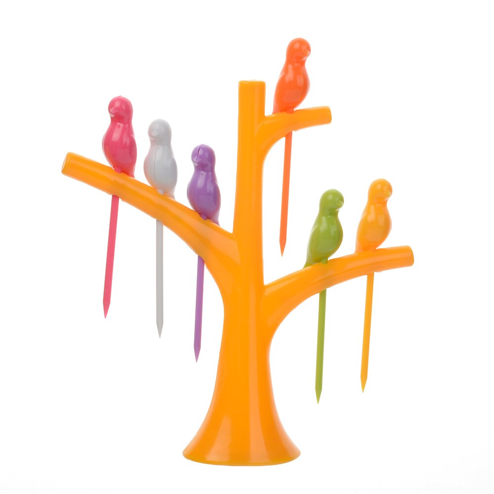 Fourchettes à fruits en plastique | Service de vaisselle, motif d'arbre + d'oiseaux créatifs, 1 support + 6 fourchettes, fourchette à légumes, outils pour fruits et légumes