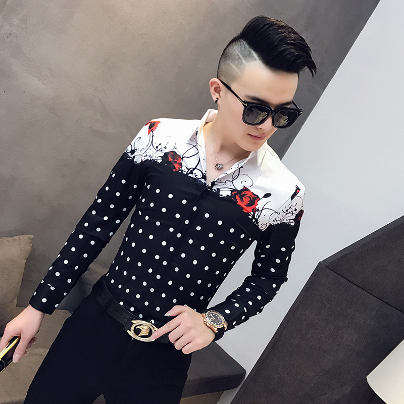 Prickiga blommönster skjortor herrklänning kläder herrskjortor casual slim fit streetwear social skjorta camisa masculina: Xxl