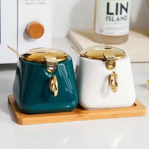 Kruidkruik Set Huishoudelijke Combinatie Zout Jar Kruiden Opbergdoos Keramische Keuken Kruiden Pot Peper Pot Met Deksel Cn (oorsprong): green and white