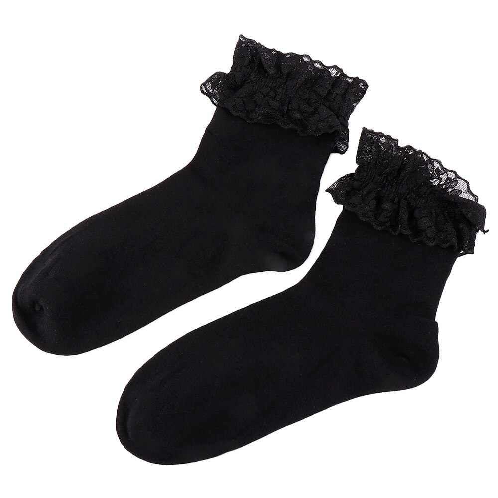 Women Vintage Lace Ruffle Frilly Ankle Socks Ladies Princess Girl Soild Color Cotton Socks 6 Color Available Harajuku: Black