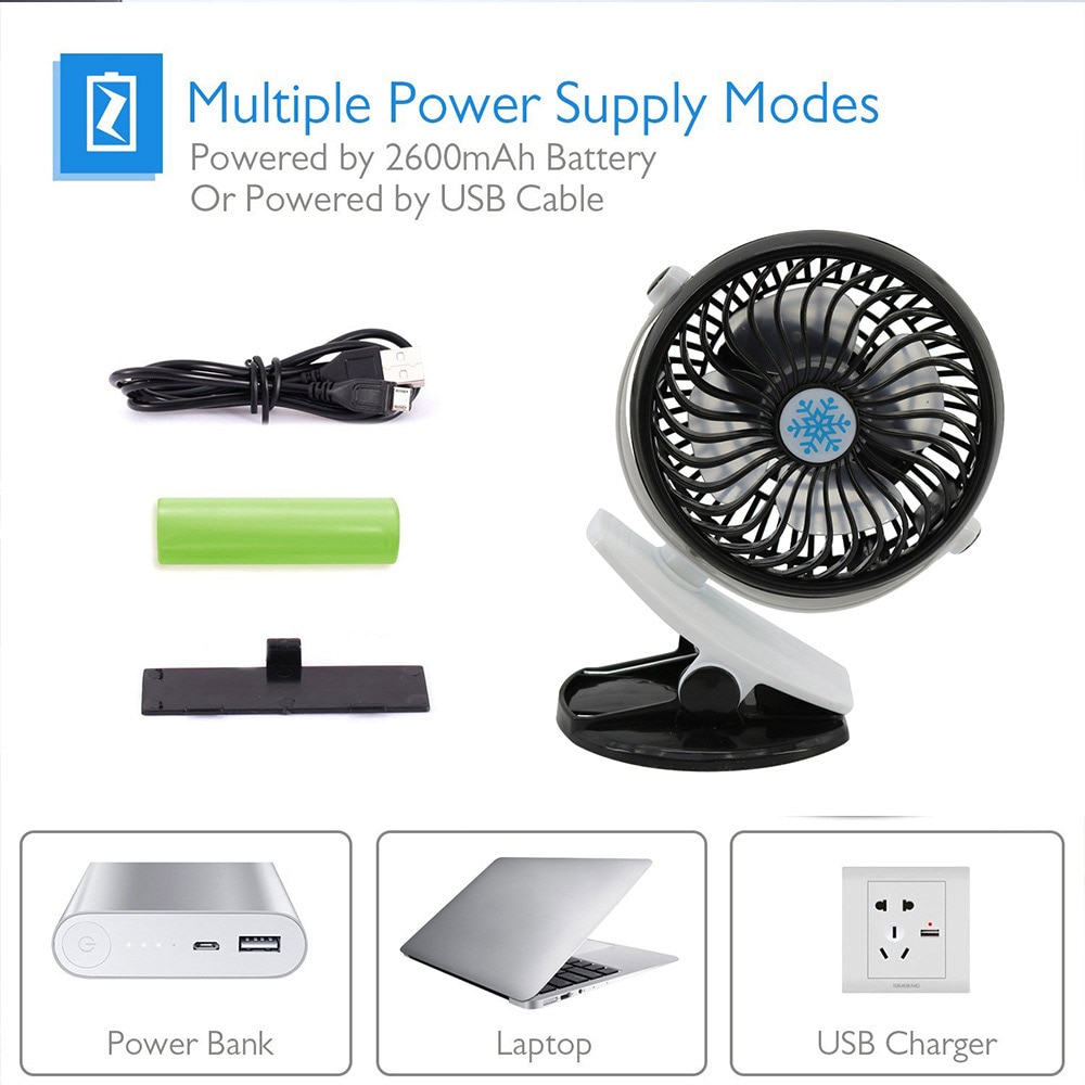 mini bærbar usb-vifte 360 gradere roterende klipsvifte 4 blader lettvekts usb oppladbar skrivebordskjøling dobbel strømforsyningsmodus