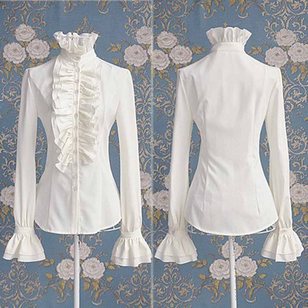 Women Retro Blousers Ruffles Lolita Floral Stand Collar Shirt Medieval Blouses Gothic Lolita Blouse Victorian Women Ladies Shirt