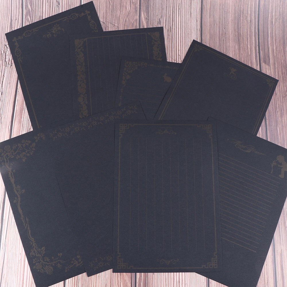 8 Vellen/Set 8 Patronen Vintage Schrijven Brief Papier Briefpapier Papier Pad Note Brief Set Creatieve Briefhoofd: black