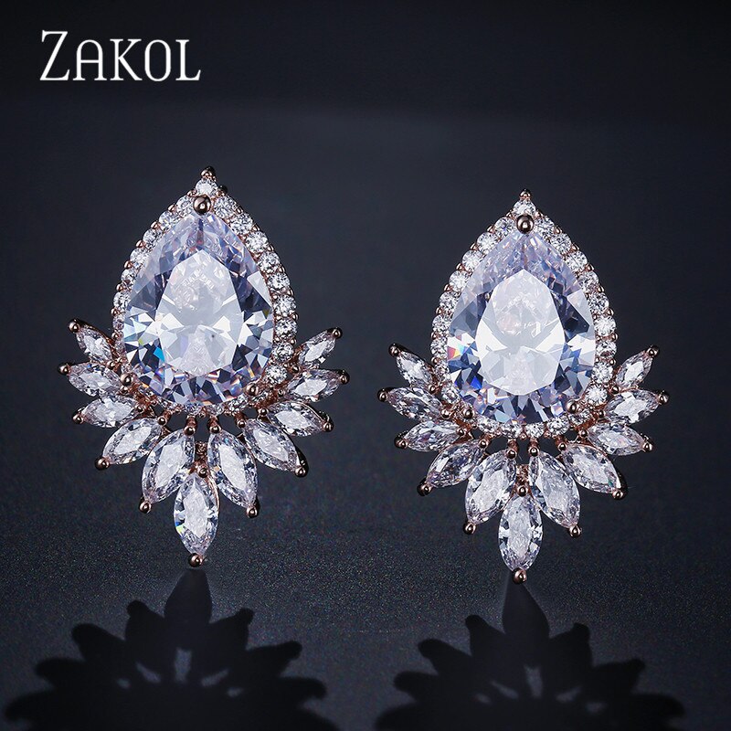ZAKOL Romantico lacrima cubo Zirconia Bianco colore Orecchini con Perno del Foglio di Modo Da Cerimonia Nuziale Brincos Gioielli per Le Donne FSEP2009