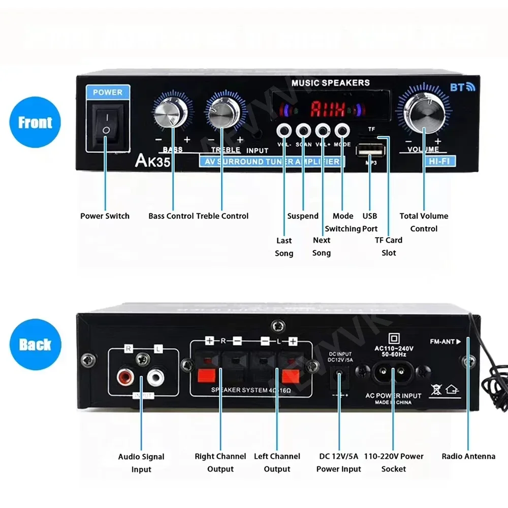 AK35 Home Power Amplifier 2.0 Channel Bluetooth 5.0 Surround Sound FM USB Remote Control Mini HIFI Digital Amplifiers 110V/220V