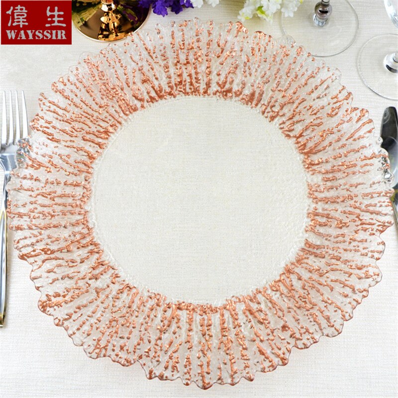 Dia34 cm Flower Shaped Silver Gold Rim Transparent Glass Charger Plate Wedding Party Decoration Events Tableware Tray Show Plate