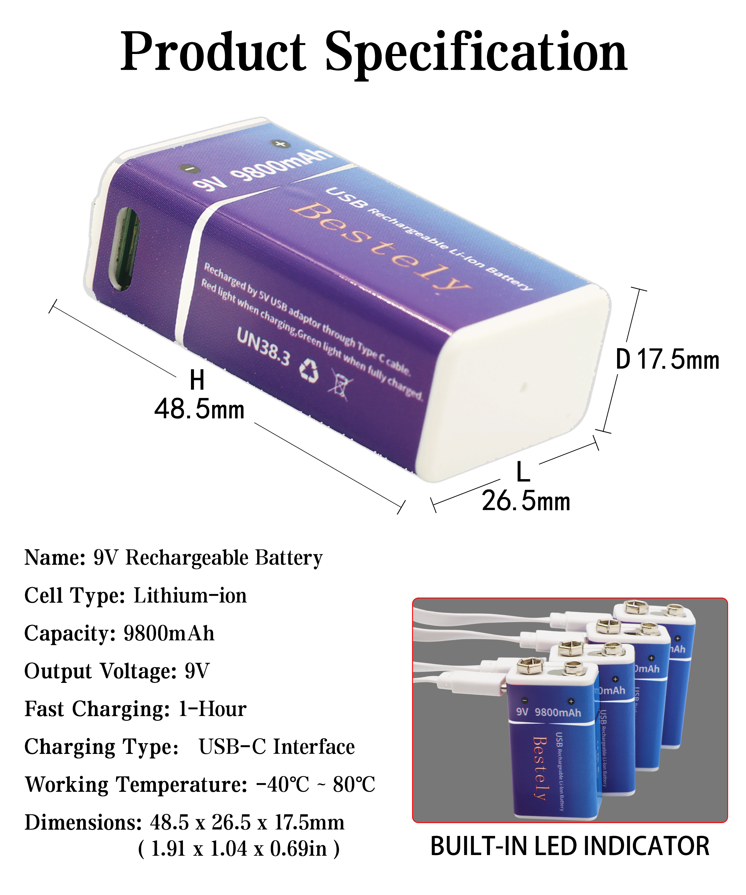 Neue 9V 9800mAh Lithium-Ionen-Akku Langlebige 9v Li-Ion Batterien mit Kabel für Rauchmelder Mikrofon Alarm