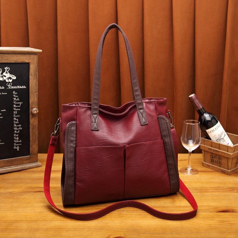 Grote Capaciteit Zacht Lederen Grote Zak Vrouwen Mode Herfst Winter Handtas Enkele Schouder Vrouwen Messenger Bag: Wine