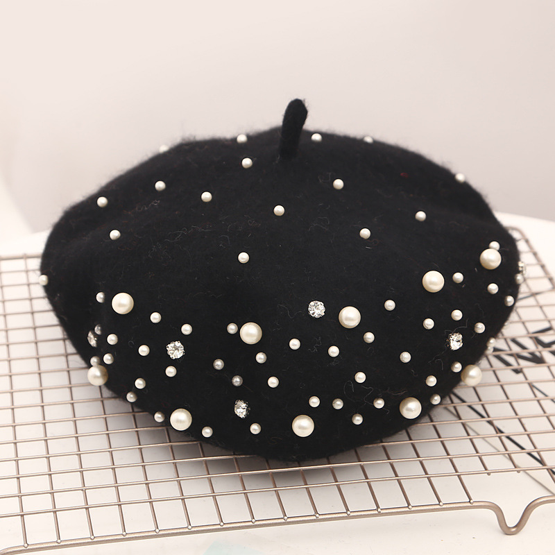 neue Winter warm Französisch Perle Strass Baskenmütze Hütte Elegante Mütze Kappen Einfarbig lässig Herbst Hütte für Frauen mädchen: balck