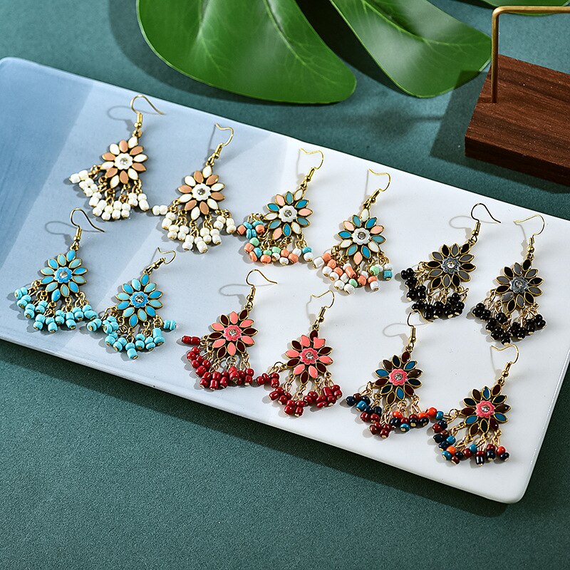 Bohemian Ethnic Flower Ladies Earrings for Women Boho Vintage Alloy Carved Beads Tassel Dangle Earrings Indian Jewelry