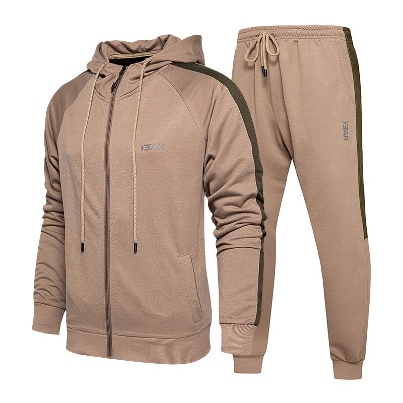 Merk heren sets casual hoodie trainingspak herfst winter heren set jassen + broeken joggingpak heren sportkleding streep bedrukt rits: Tz67 kaki / Xl