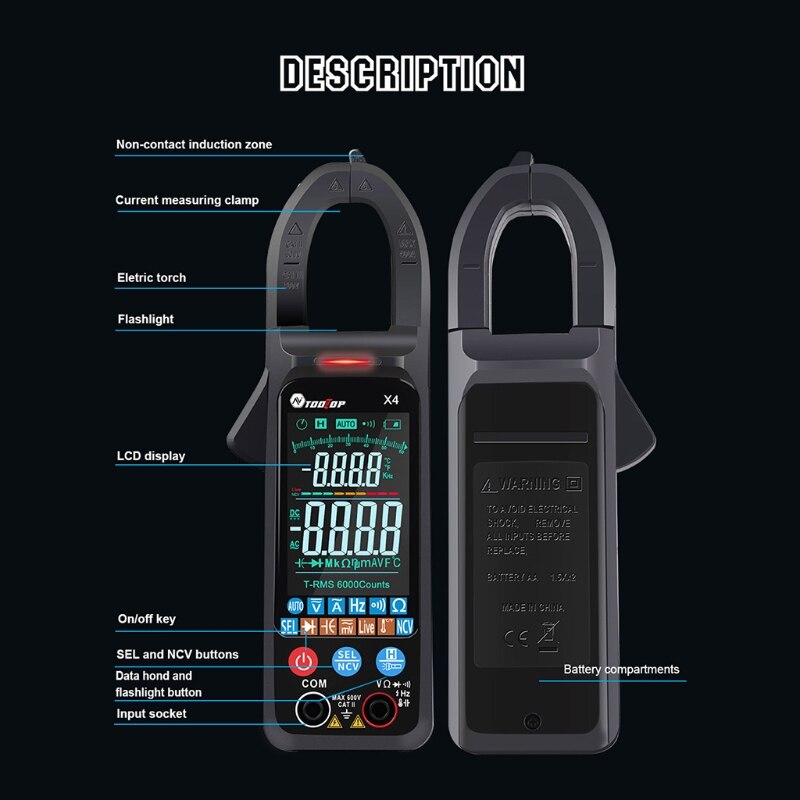 Smart Clamp Meter Digital Multimeter Auto-Ranging 6000 Counts TRMS Color LCD Screen Portable Voltmeter Frequency Counter