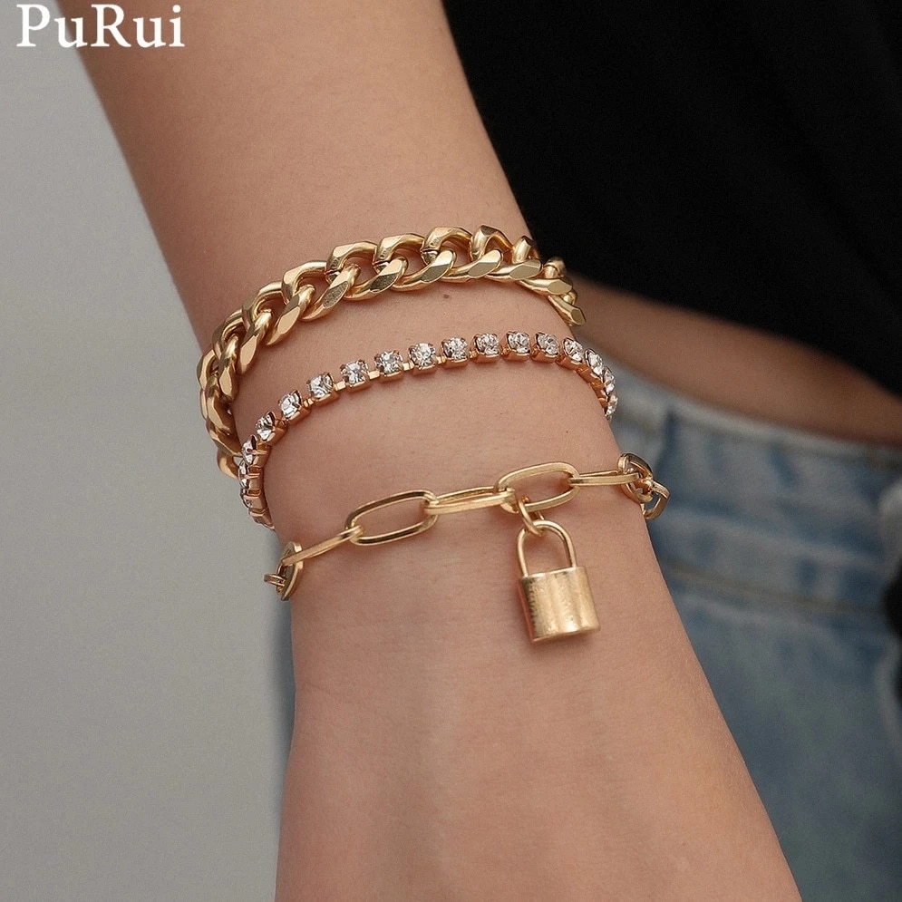 Purui Gothic 3 Stks/set Crystal Lock Pedant Armbanden Set Voor Vrouwen Boho Luxe Buling Strass Ketting Armbanden Armbanden Sieraden