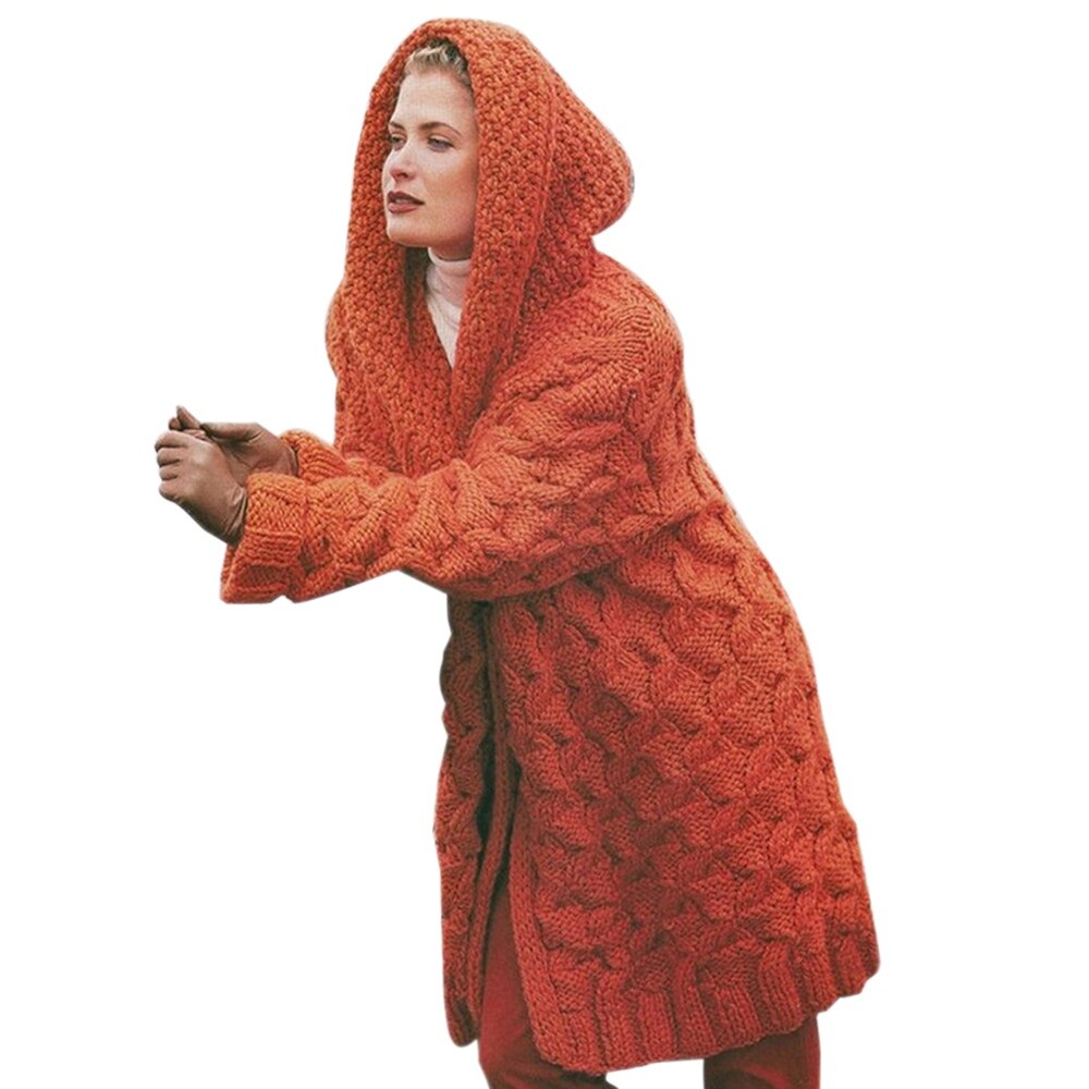Dam luva lång kofta stickad vintertröja kvinnlig dam tröja ficka kofta kappa plus storlek s -3xl: Orange / M