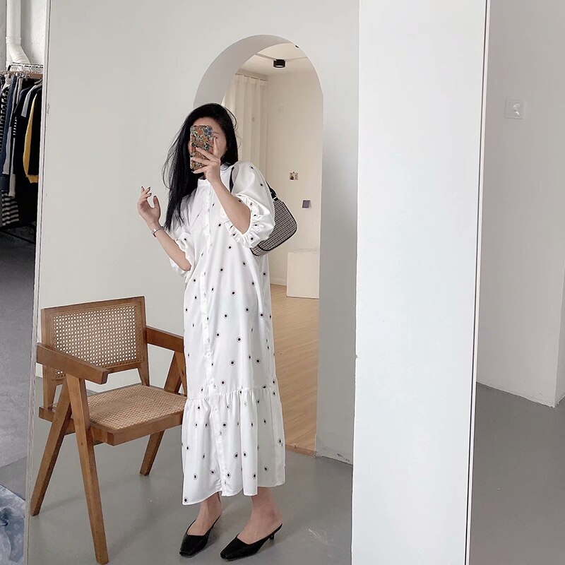 Aachoae kvinnor löst tryck vit klänning o hals lykta halvärm casual midiklänning kvinnlig plus size dam veckade klänningar vestido