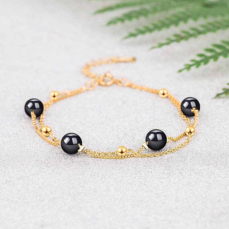 925 Sterling Silver Personality Black Bead Chain Bracelets For Women Lady All Match Daily Party AY976: gold