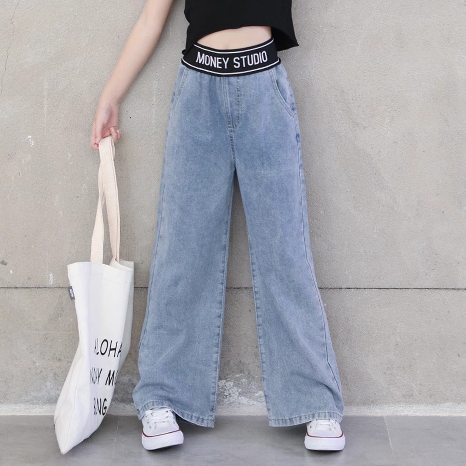 Teenage Girls Jeans Spring Autumn Casual Loose Blue Kids Leg Wide Pants School Children Trousers 6 8 10 12 Year