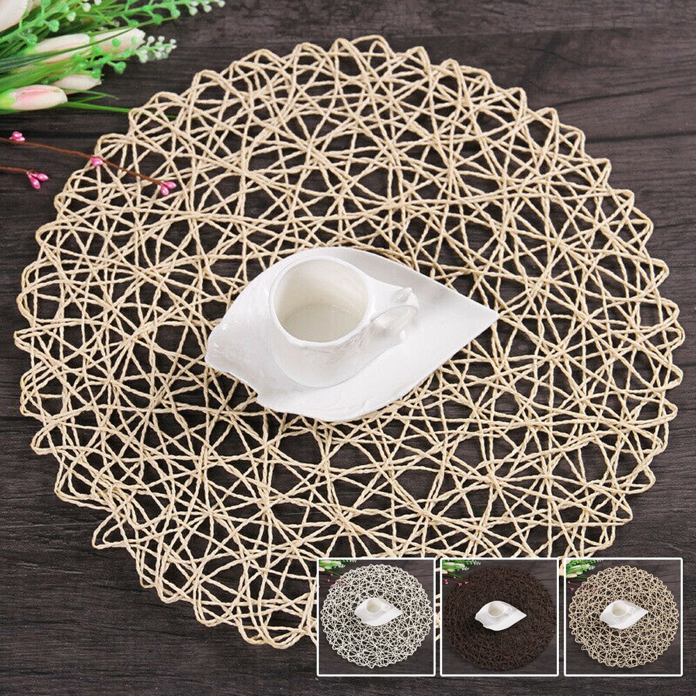 2pcs 38cm Dining Table Mat Cup Pads Rural Table Hollow Mat Round Woven Dining Pads Handmade Christmas Decorations Home Tableware