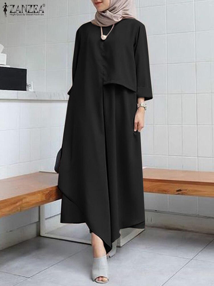 Solid Matching Sets 2022 ZANZEA Muslim 2PCS Sets Women Irregular Hem Blouse Long Pant Sets Party Loose Turkey Islamic Clothing: black / M