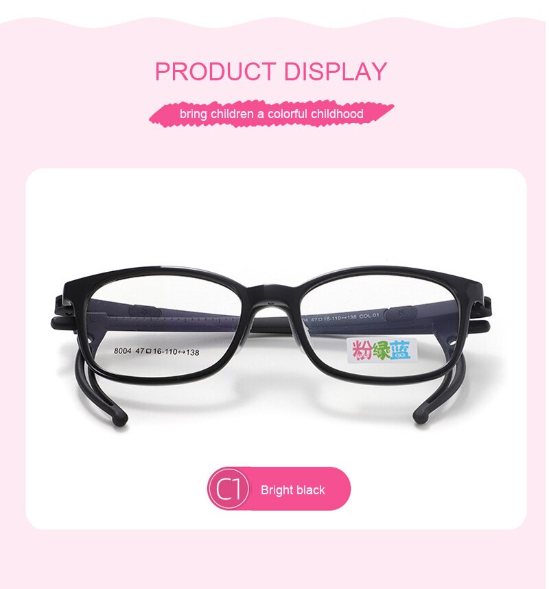 Glasses Frame Adjustable Temple kids Girl's Transparent Square Tr90 Eyeglasses Upgrade Silicone Nose Pad Boy's Spectacle BSX8004: C1 Bright Black