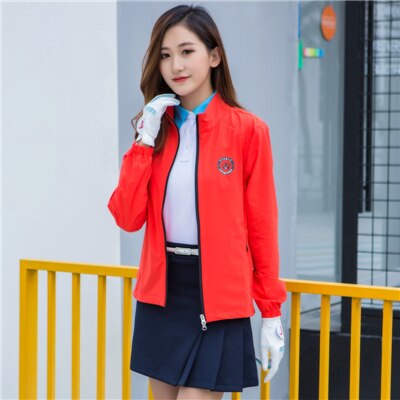 Women Windproof Golf Jacket Long Sleeve Golf Windbreaker Woman Spring Autumn Coat Tennis Apparel Sportswear D0684: Red / XL