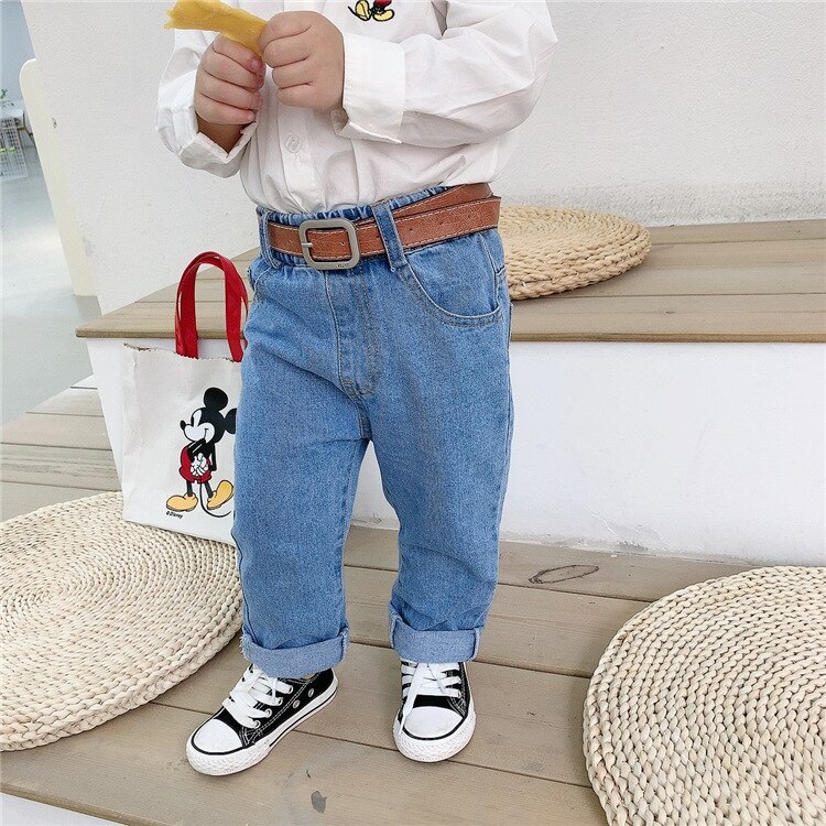 Autumn Girls Denim Pants Kids Jeans Pants with Belt Jeans Kids Boy: Blue / 5