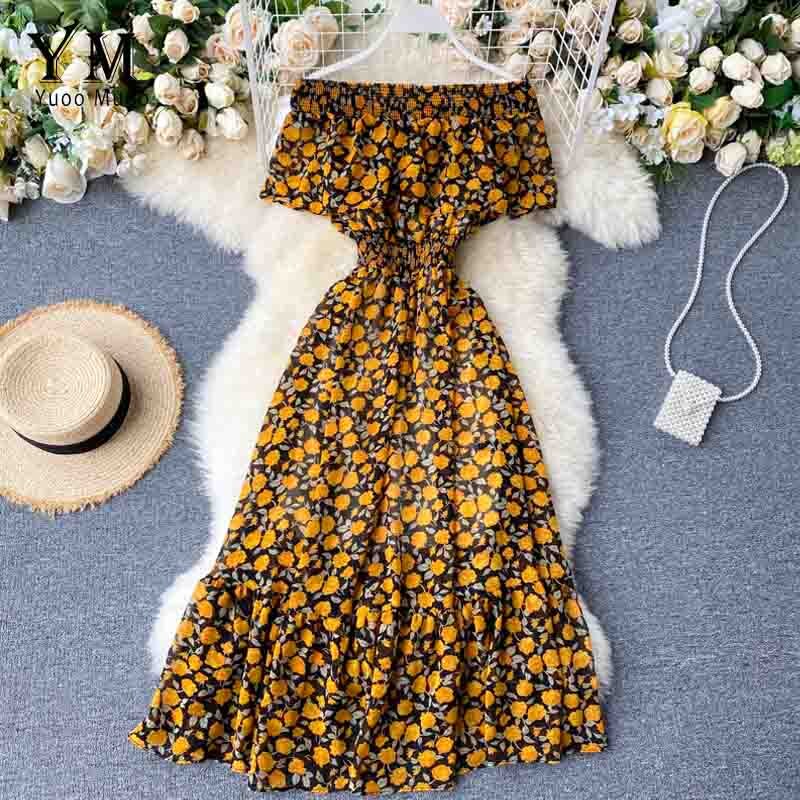 Yuoomuoo Bohemian Zomer Off Shoulder Bloemenprint Jurk Vrouwen Elegante Ruches Chiffon Lange Jurk Boho Mode Strand Jurk: Geel