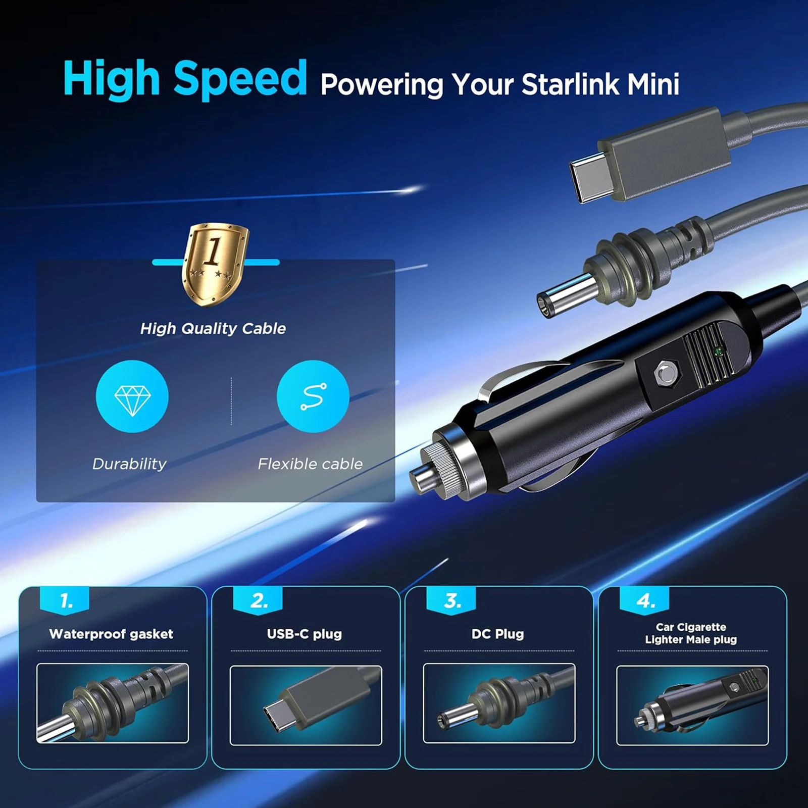 For Starlink Mini 3in1 DC To TypeC/DC/car Charging Power Cable IP65 Waterproof 3in1 To Typec 2464-20AWG Cable For Starlink Mini