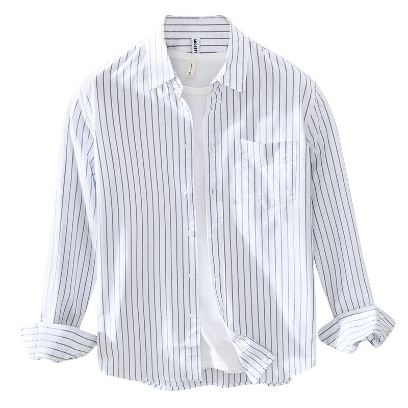 GM803 Men's Vertical Striped Shirts Long Sleeve Premium Cotton Youth Slim Fit Pocket Lapel Workwear Business Casual Tops Male