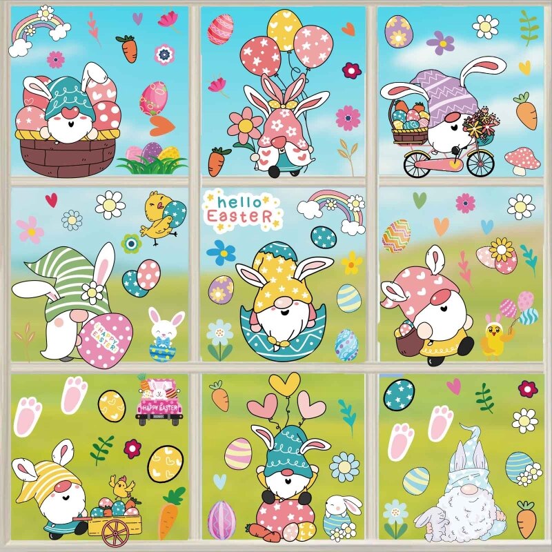 9pcs Easter Window Clings Decorations Gnome Bunny Rabbit Egg Static Wall Sticker Decals Decor for Easter Home Office Party B03E