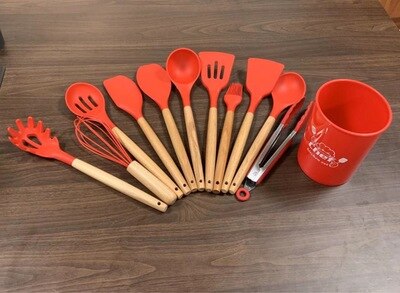 JOYLOVE 11 Uds conjunto de utensilios de cocina de silicona, mango de madera sólida rosa con caja de almacenamiento, Kit de utensilios de cocina accesorios de herramientas de cocina: Red