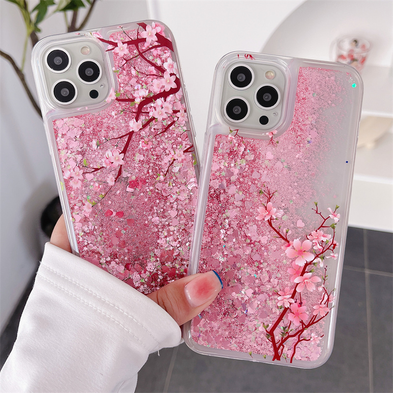 Pink Peach Blossom Quicksand Case for iphone 16 15 14 13 Pro Max 12 Love Hearts Sparkles Liquid Cover Up Down Flowers Funda Capa