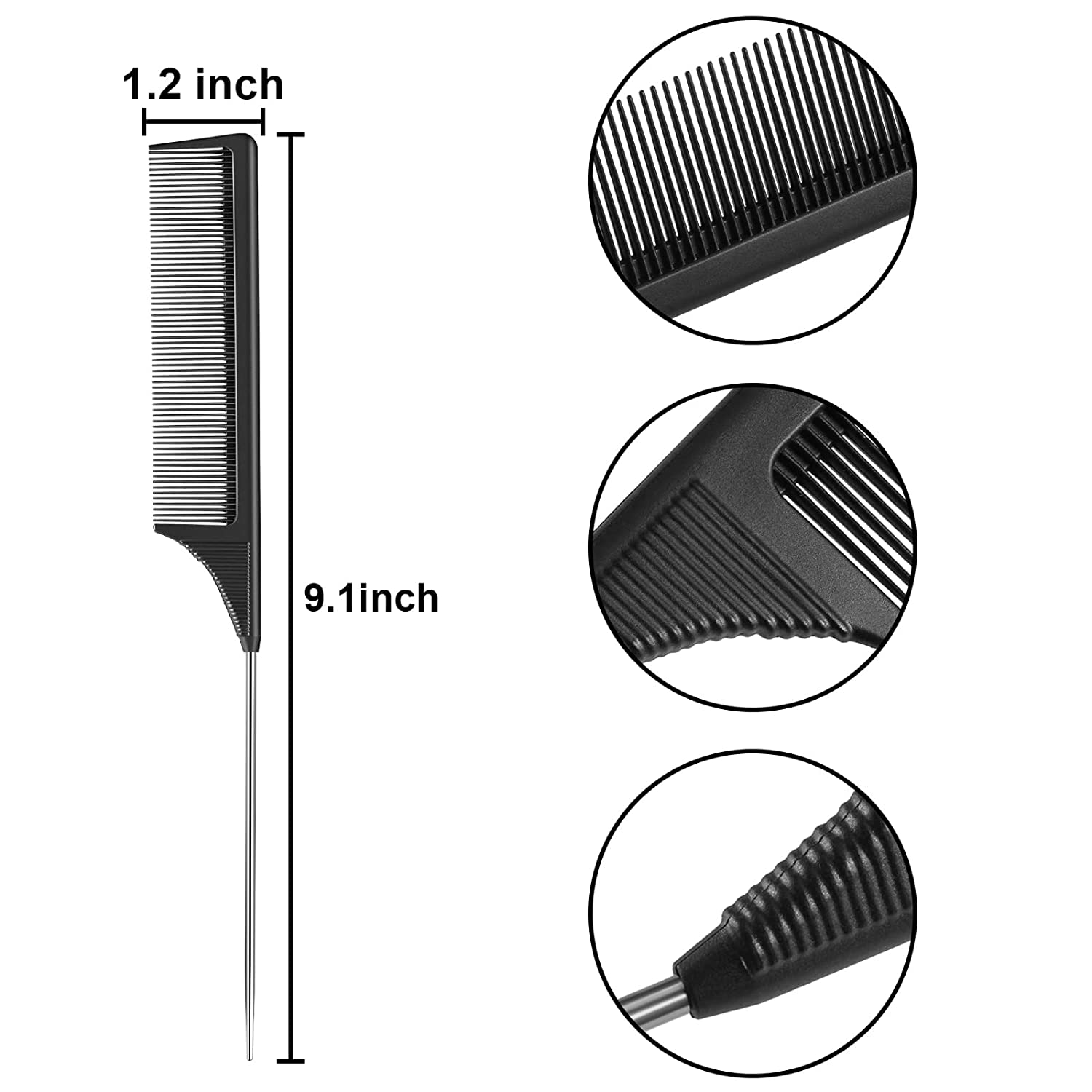 Peigne queue de Rat en acier, 3 paquets, peigne taquin résistant à la chaleur en Fiber de carbone avec queue de Rat en acier inoxydable