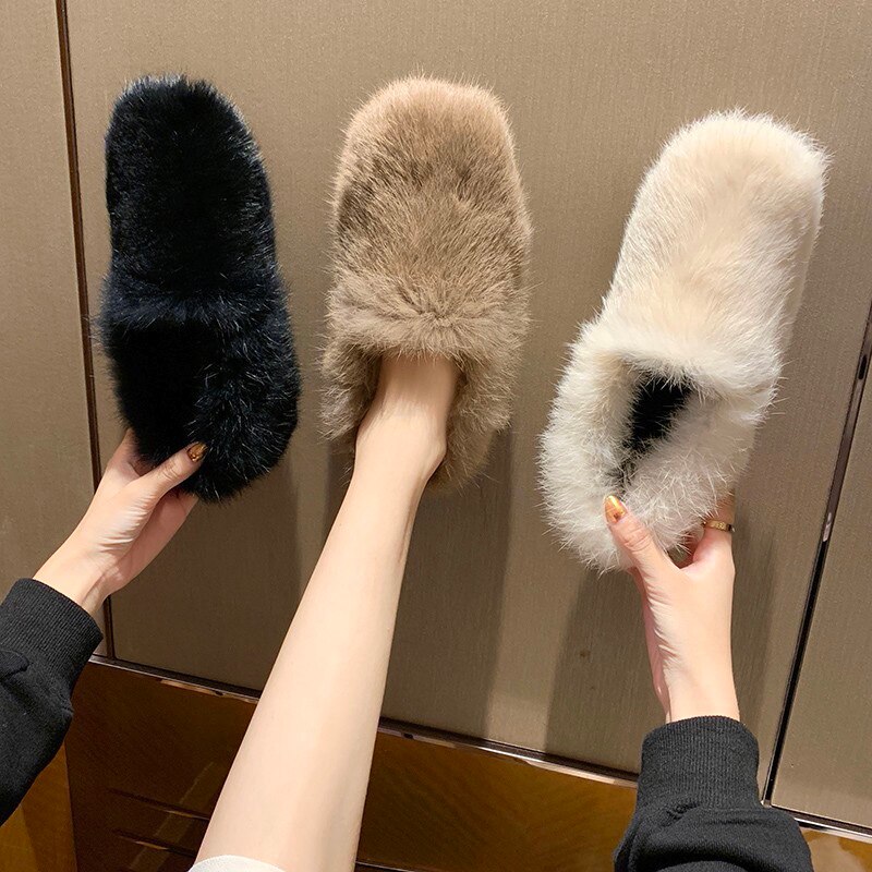 Mockasin skor loafers med päls rund tå ytlig mun kvinnliga skor vita sneakers dam höst all-match mockasiner slip-on