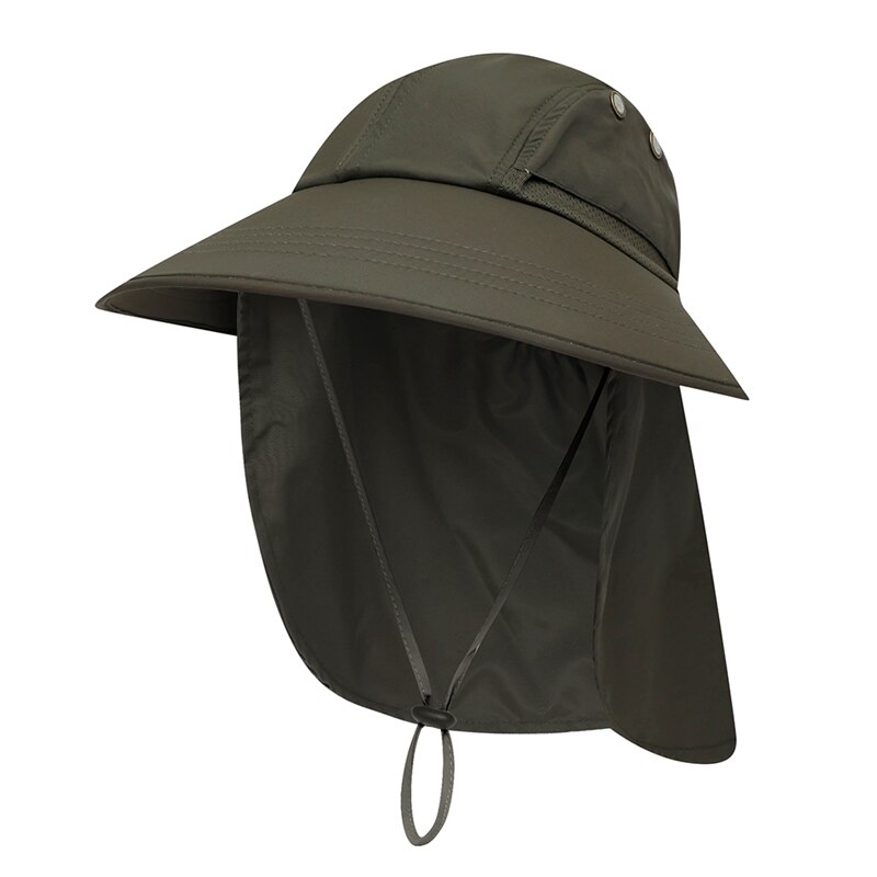Udendørs sommer sol hat bred skygge upf solskærm beskyttelse pakke hurtigtørrende udendørs fiskeri hestehale hatte med hals: Militærgrøn