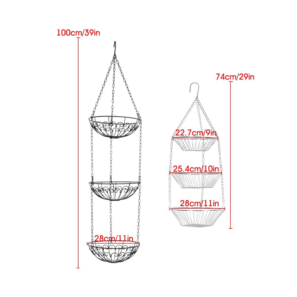 3-Tier Metal Delicate Fruit Display Basket Hanging Basket Sturdy Vegetable Rack Vegetable Hanging Basket