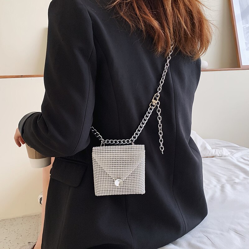 Diamond Waist Belt Women Mini Chain Crossbody Bags Waist Pouch Trouser Chain Belt Small Lipstick Shoulder Bag Mini Purse