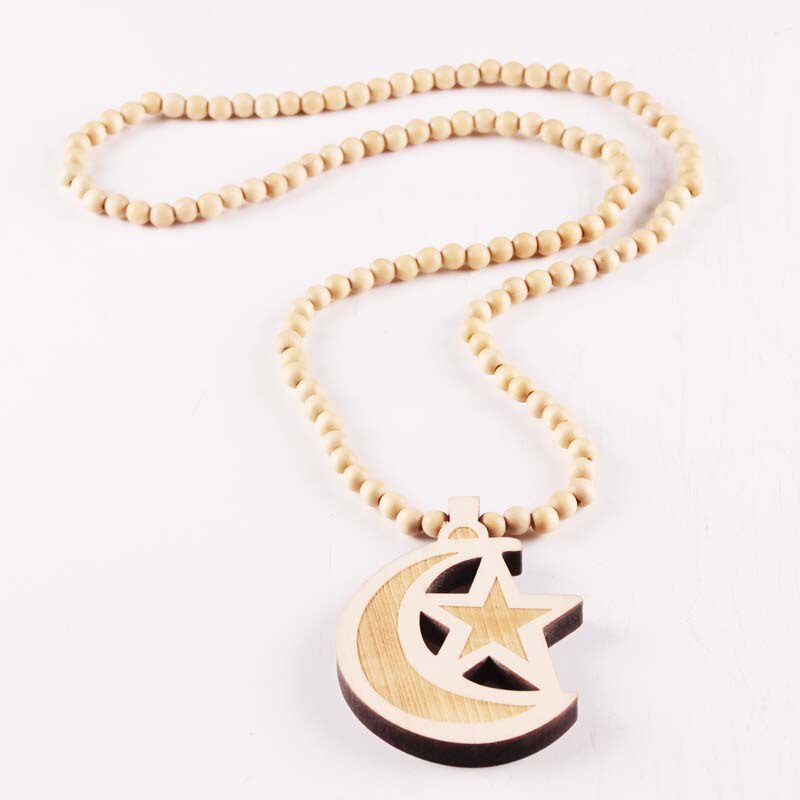 Hiphop stijl Neckalce Europa retro Houten Pentagram half moon model ketting Hangende: natural