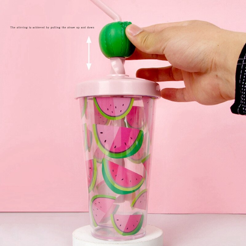 Colorful Fruit Mixing Cup Double Layer Transparent Straw Cup Summer Cold Drink Popular Handy Cup