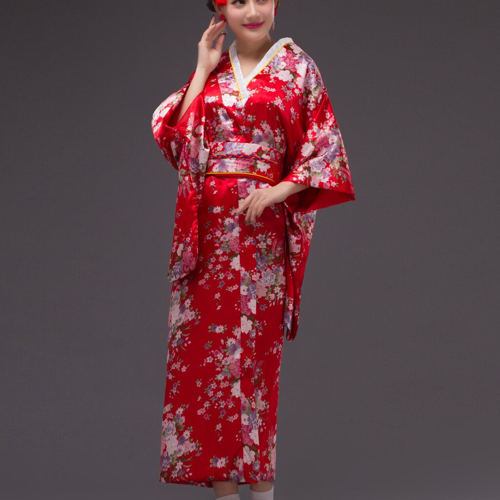 Modne sukienki luźna japońska satynowa sukienka sztucznego jedwabiu kimono z długim rękawem kobieta czerwony nadruk szlafrok szata tenisowa