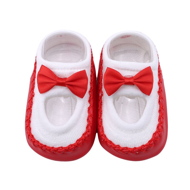 0-3 jaar oude kindervloersokken lente zomer antislip leren onderkant babyschoentjes strik meisjessokken: Rood