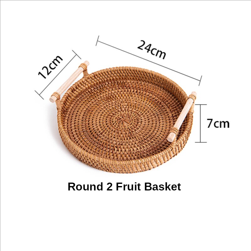 Handmade woven Storage Basket Rattan Storage Tray Wicker Basket Bread Fruit Food Breakfast Picnic Basket Kitchen Storage Basket: round  middle