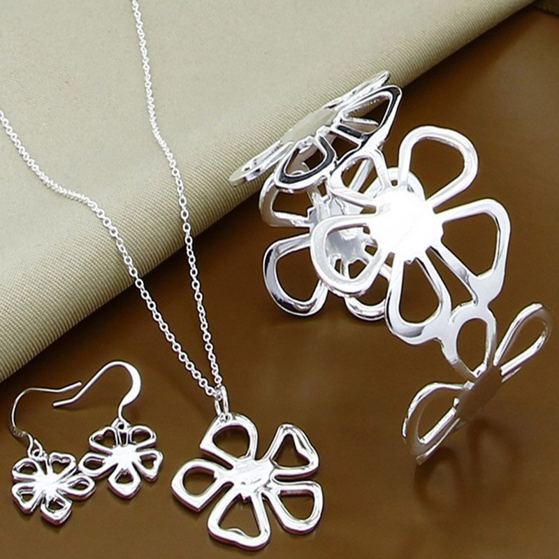 Set di Gioielli delle donne 925 Argento Fortunato Fiori Pendenti Con Gemme E Perle Collana Braccialetti Orecchini Delle Signore Dei Monili
