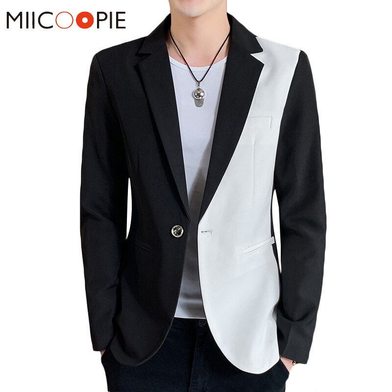 Svart hvit patchwork herre blazer jakke merke koreansk enkeltknapp slim fit herre dress kåpe vest homme kostyme