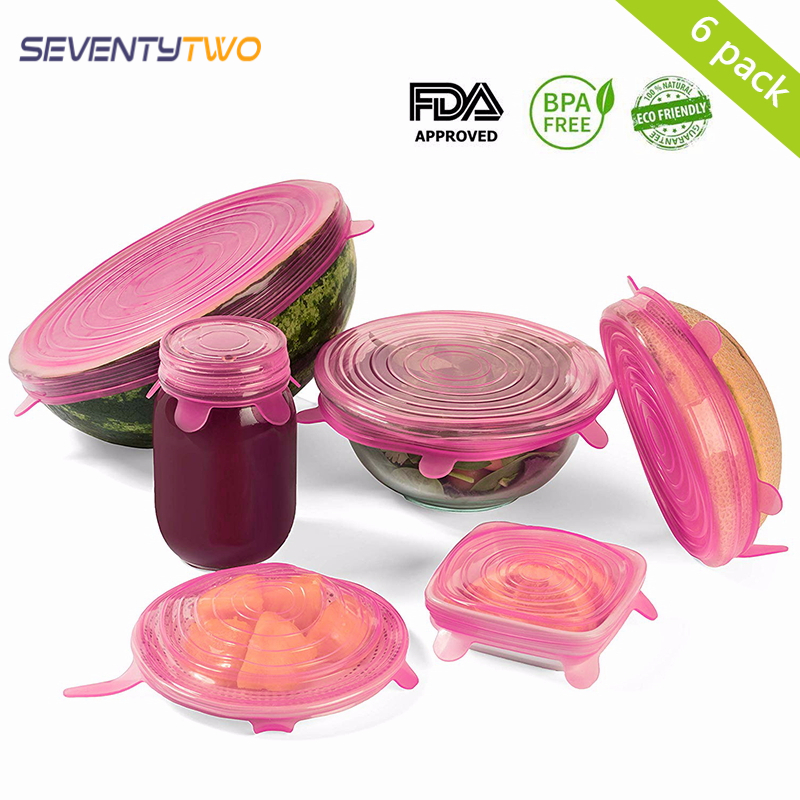 Tapas elásticas de silicona de grado alimenticio para tapa Universal de plástico transparente para comida, cuenco, olla, 6 uds.