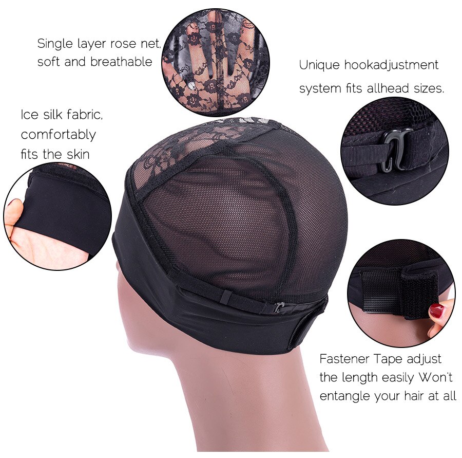 Leeons Headband Wig Cap For Making Wigs Weaving Cap With Lace Black Headband Wig Cap With Adjustable Velcro Wig Elastic Band Cap