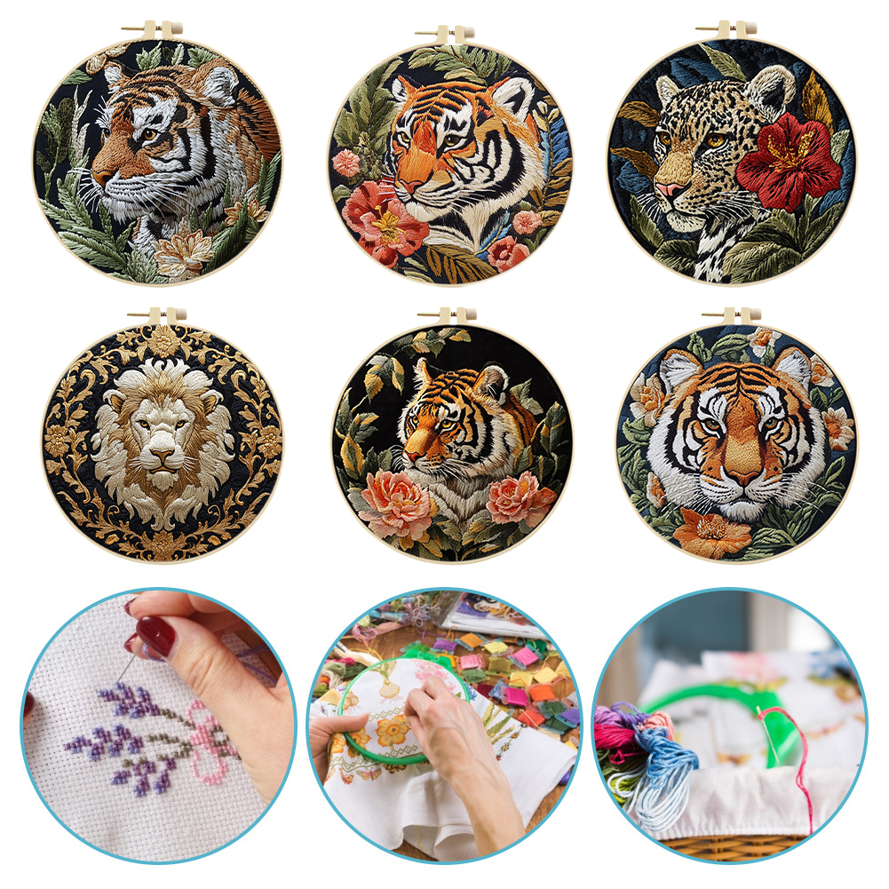 Tiger Stamped Cross Stitch Embroidery Kits with Hoop Cloth Color Thread