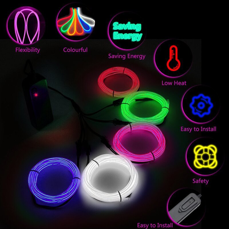 Cable de alambre luminoso para decoración, luces LED de neón para Navidad, de baile, Disfraces, bricolaje, ropa, coche, Rave, 3m/5m