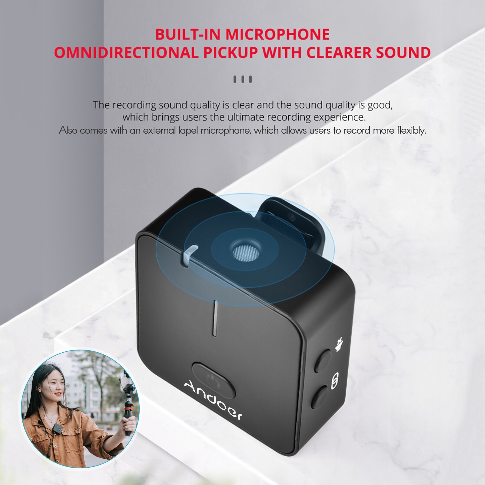 Andoer-micrófono inalámbrico MX5 2,4G, transmisor de grabación, receptor, Clip-on, Lavalier, para Smartphone, cámara DSLR, Vlog, vídeo